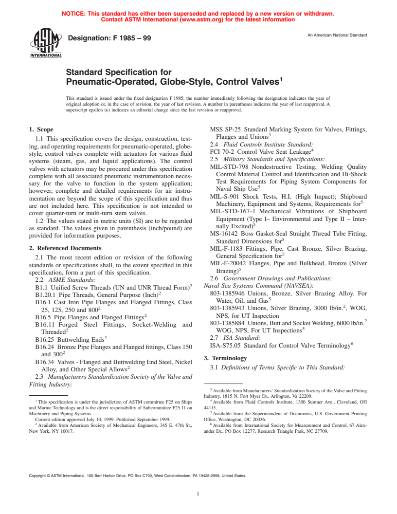 ASTM F1985-99 - Standard Specification for Pneumatic-Operated, Globe-Syle, Control Valves