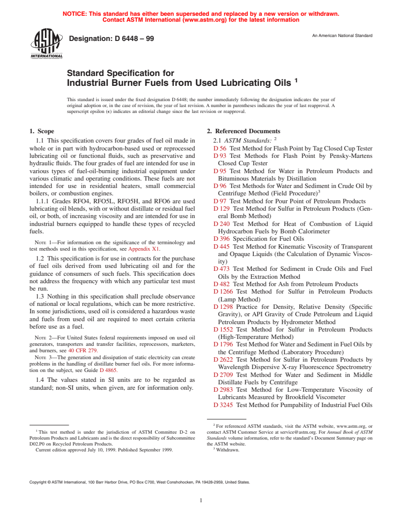 ASTM D6448-99 - Standard Specification for Industrial Burner Fuels from Used Lubricating Oils