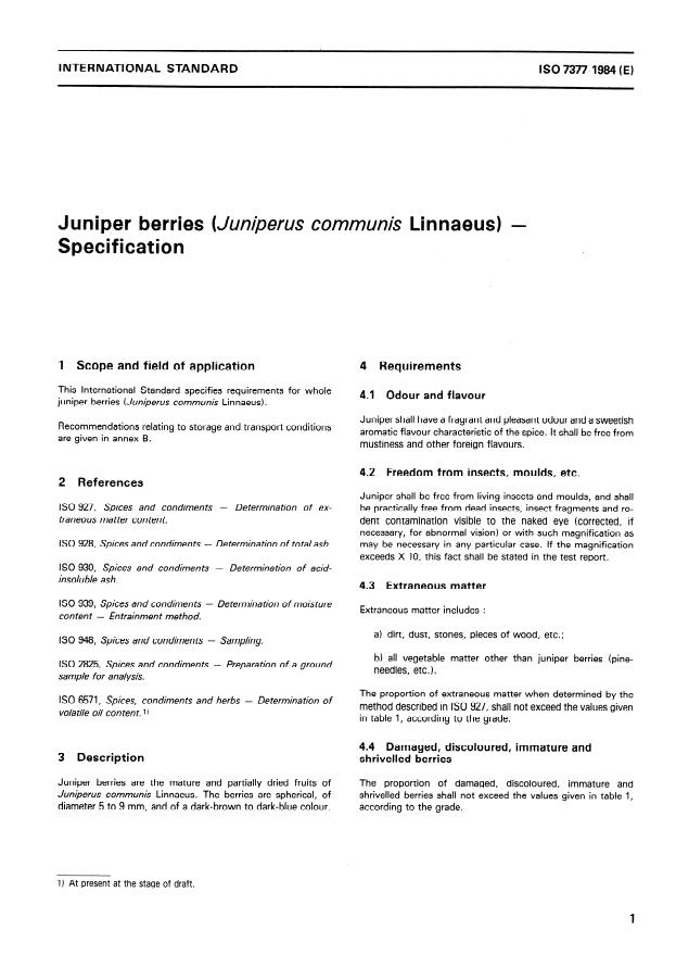 ISO 7377:1984 - Juniper berries (Juniperus communis Linnaeus) -- Specification