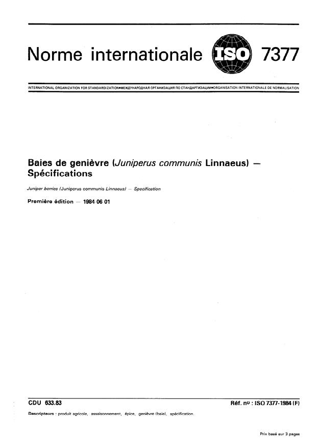 ISO 7377:1984 - Baies de genievre (Juniperus communis Linnaeus) -- Spécifications