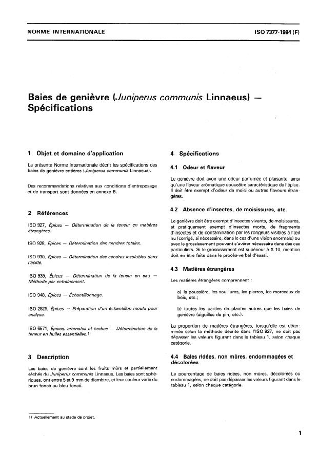 ISO 7377:1984 - Baies de genievre (Juniperus communis Linnaeus) -- Spécifications