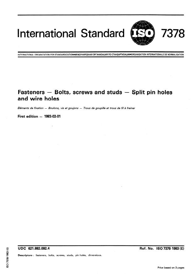 ISO 7378:1983 - Fasteners -- Bolts, screws and studs -- Split pin holes and wire holes