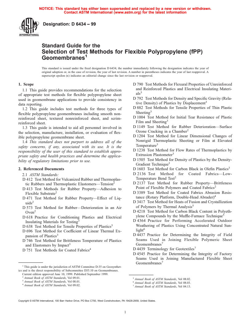 ASTM D6434-99 - Standard Guide for the Selection of Test Methods for Flexible Polypropylene (fPP) Geomembranes