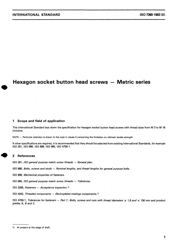 ISO 7380:1983 - Hexagon socket button head screws -- Metric series