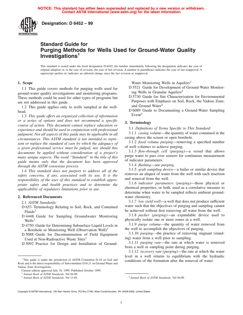 ASTM D6452-99 - Standard Guide for Purging Methods for Wells Used for Ground-Water Quality Investigations