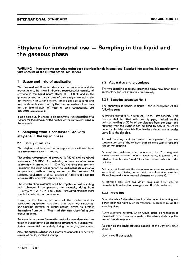 ISO 7382:1986 - Ethylene for industrial use -- Sampling in the liquid and the gaseous phase