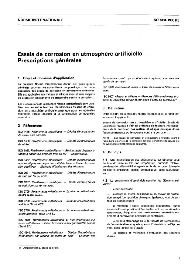 ISO 7384:1986 - Essais de corrosion en atmosphere artificielle -- Prescriptions générales