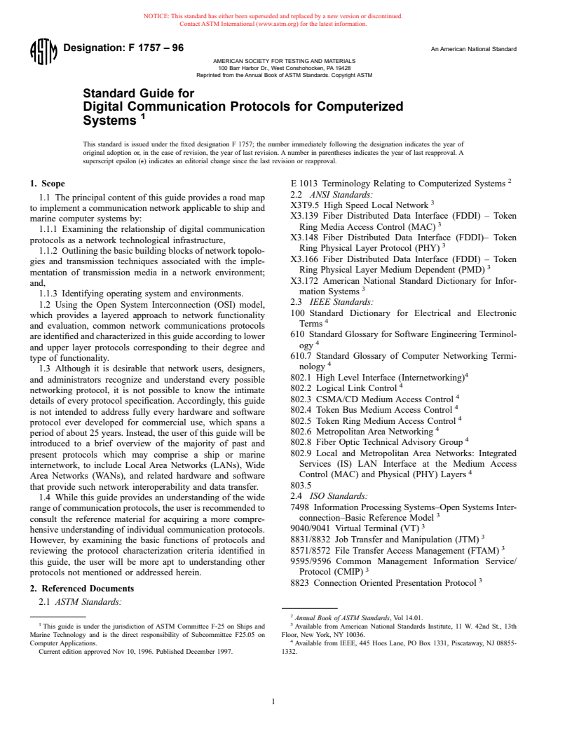 ASTM F1757-96 - Standard Guide for Digital Communication Protocols for Computerized Systems