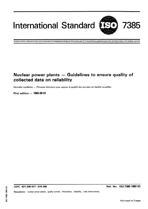 ISO 7385:1983 - Nuclear power plants -- Guidelines to ensure quality of collected data on reliability