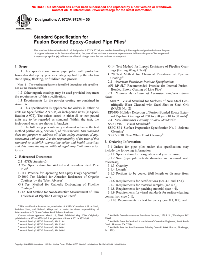 ASTM A972/A972M-00 - Standard Specification for Fusion Bonded Epoxy-Coated Pipe Piles