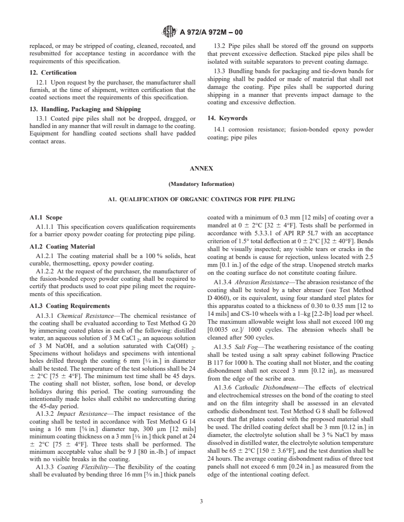 ASTM A972/A972M-00 - Standard Specification for Fusion Bonded Epoxy-Coated Pipe Piles