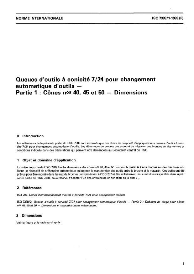 ISO 7388-1:1983 - Queues d'outils a conicité 7/24 pour changement automatique d'outils