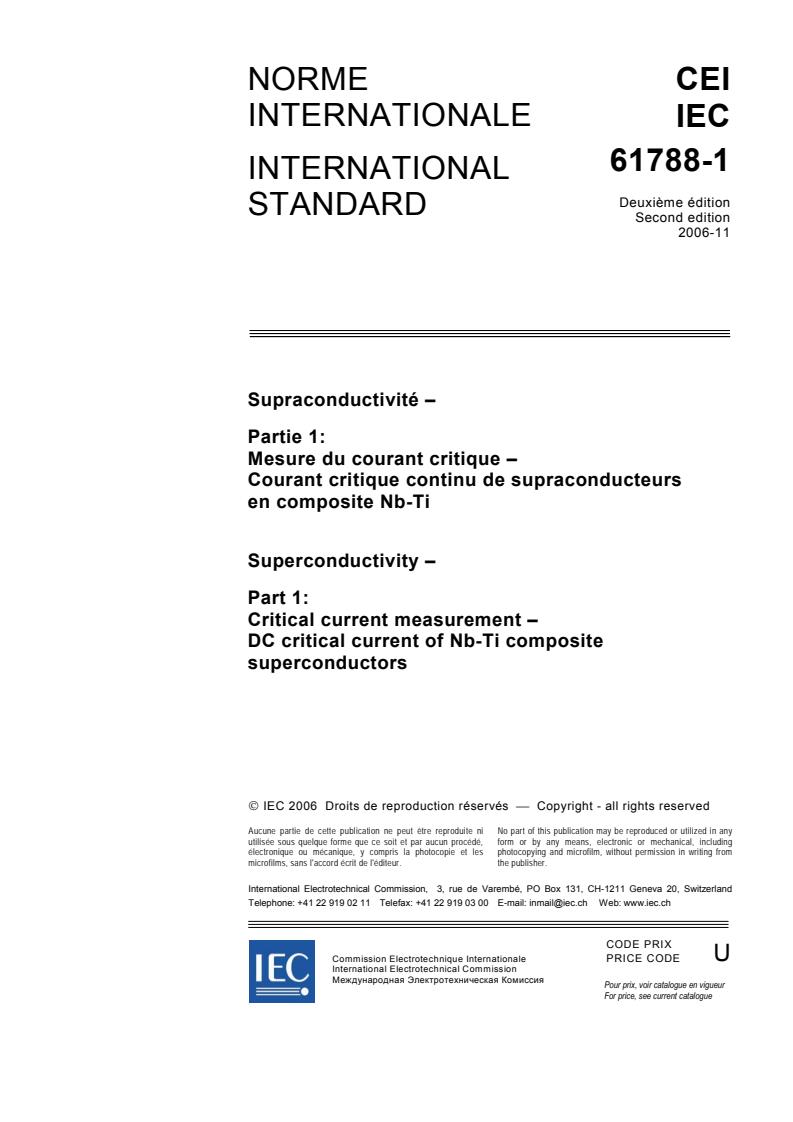 IEC 61788-1:2006 - Superconductivity - Part 1: Critical current measurement - DC critical current of Nb-Ti composite superconductors