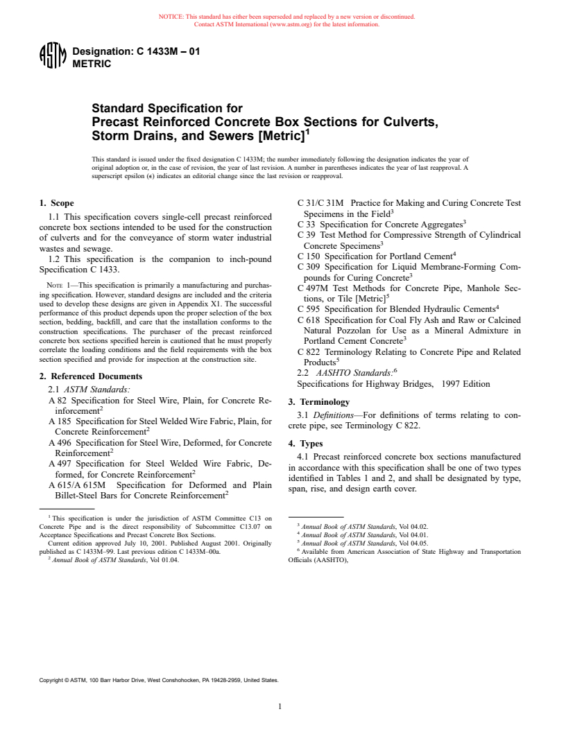 ASTM C1433M-01 - Standard Specification for Precast Reinforced Concrete Box Sections for Culverts, Storm Drains, and Sewers (Metric)