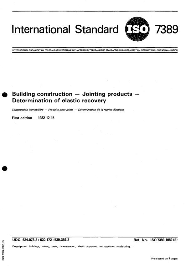 ISO 7389:1982 - Building construction -- Jointing products -- Determination of elastic recovery