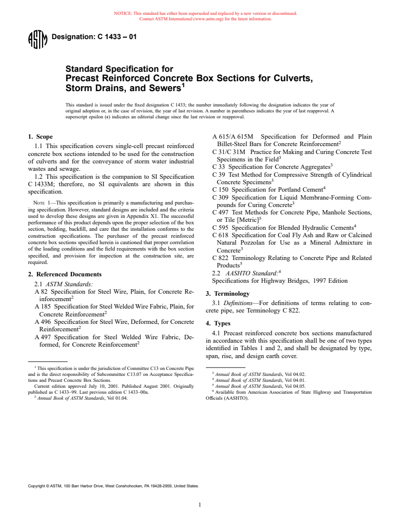 ASTM C1433-01 - Standard Specification for Precast Reinforced Concrete Box Sections for Culverts, Storm Drains, and Sewers