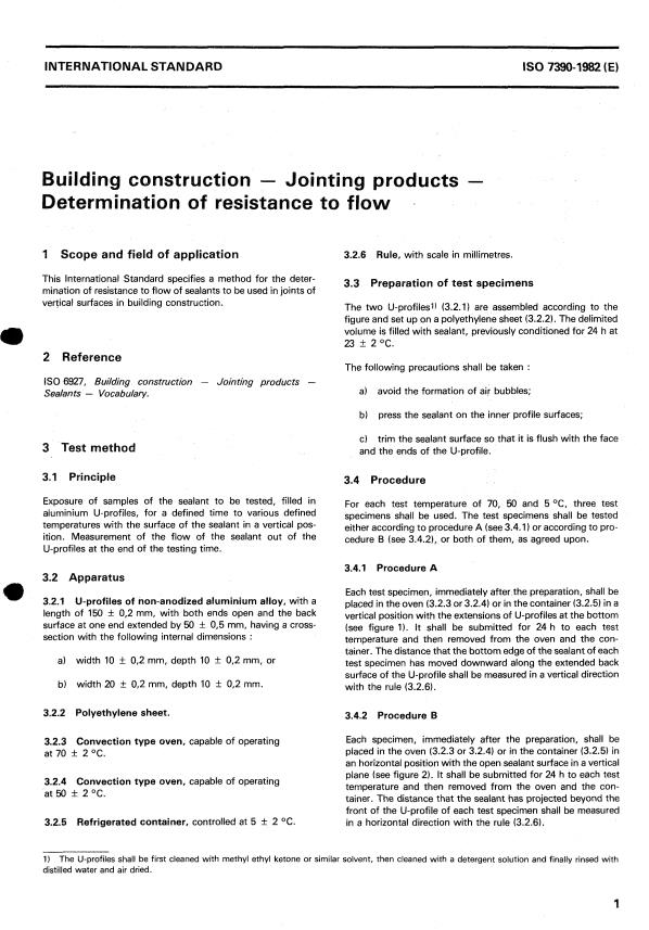 ISO 7390:1982 - Building construction -- Jointing products -- Determination of resistance to flow