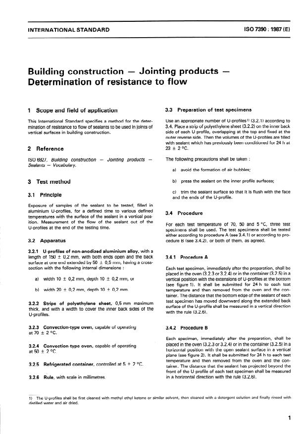 ISO 7390:1987 - Building construction -- Jointing products -- Determination of resistance to flow