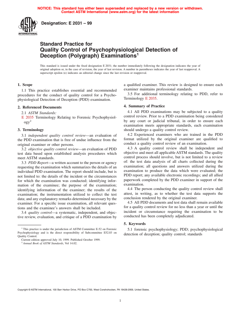 ASTM E2031-99 - Standard Practice for Quality Control of Psychophysiological Detection of Deception (Polygraph) Examinations