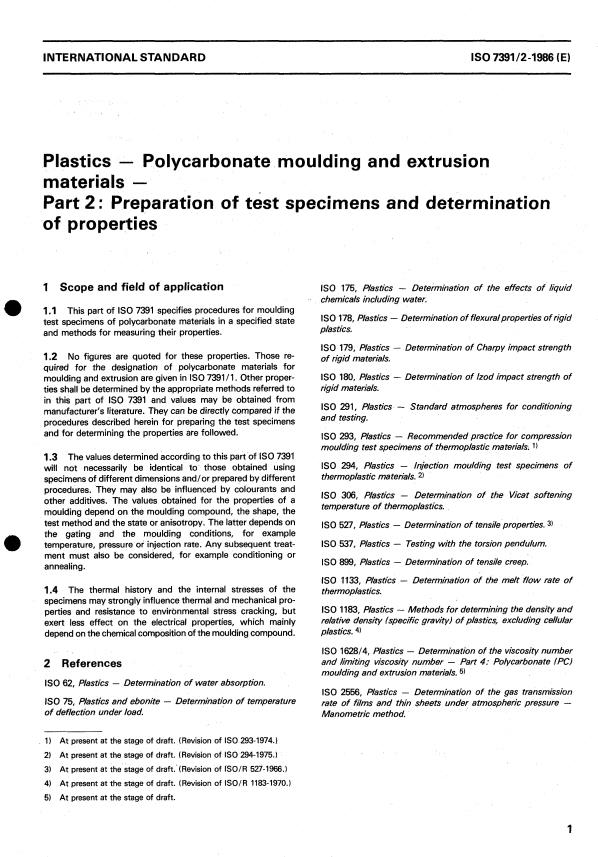 ISO 7391-2:1986 - Plastics -- Polycarbonate moulding and extrusion materials