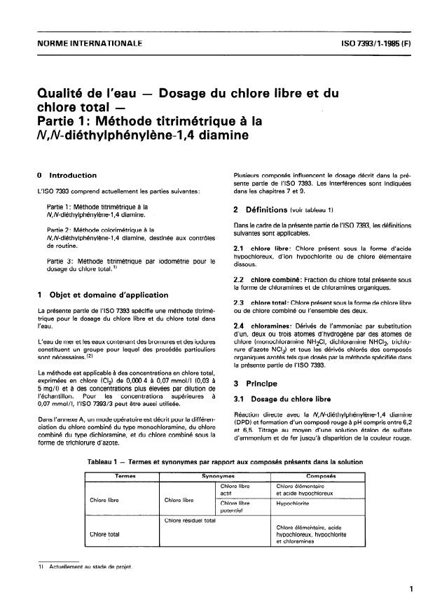 ISO 7393-1:1985 - Qualité de l'eau -- Dosage du chlore libre et du chlore total