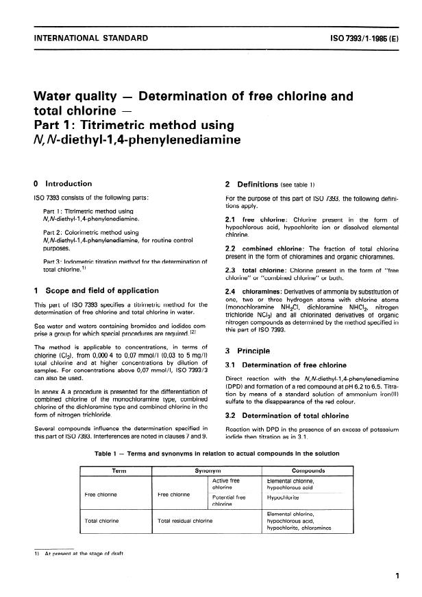 ISO 7393-1:1985 - Water quality -- Determination of free chlorine and total chlorine