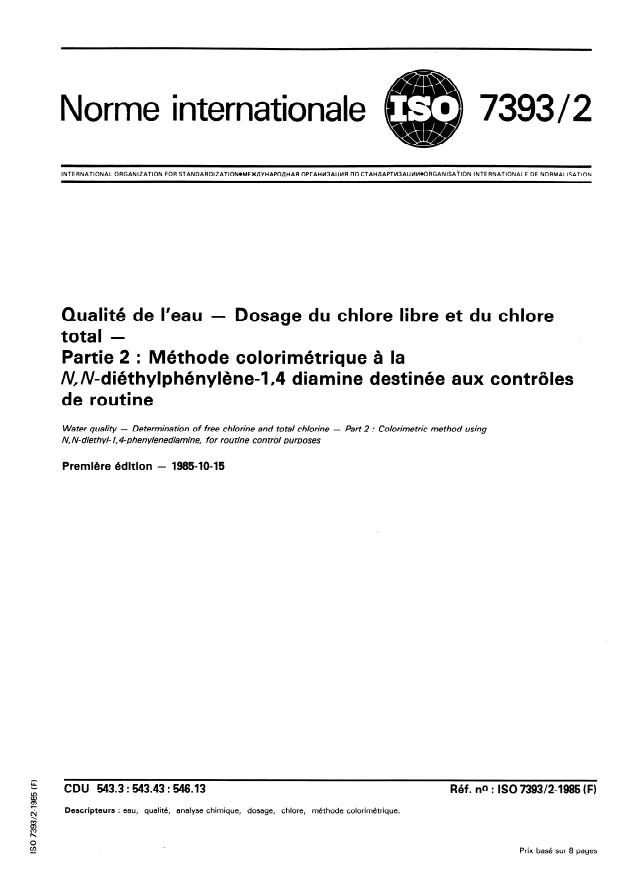 ISO 7393-2:1985 - Qualité de l'eau -- Dosage du chlore libre et du chlore total