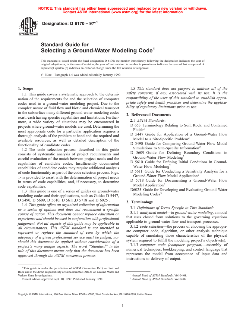 ASTM D6170-97e1 - Standard Guide for Selecting a Ground-Water Modeling Code