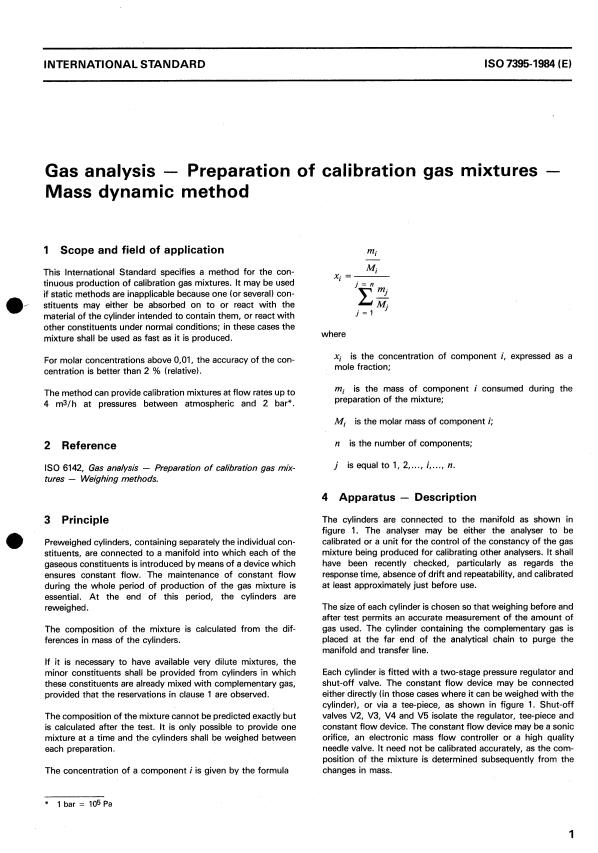 ISO 7395:1984 - Gas analysis -- Preparation of calibration gas mixtures -- Mass dynamic method
