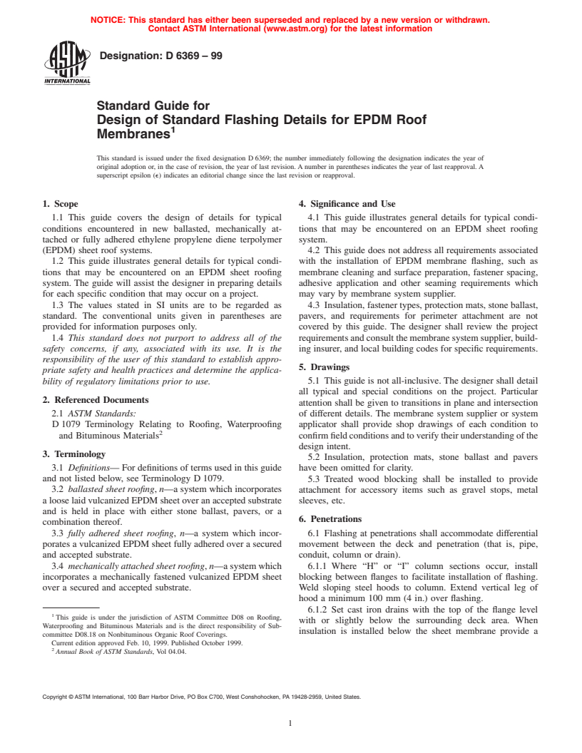 ASTM D6369-99 - Standard Guide for Design of Standard Flashing Details for EPDM Roof Membranes