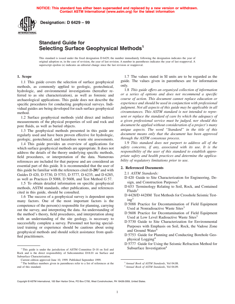 ASTM D6429-99 - Standard Guide for Selecting Surface Geophysical Methods