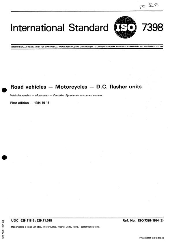 ISO 7398:1984 - Road vehicles -- Motorcycles -- D.C. flasher units