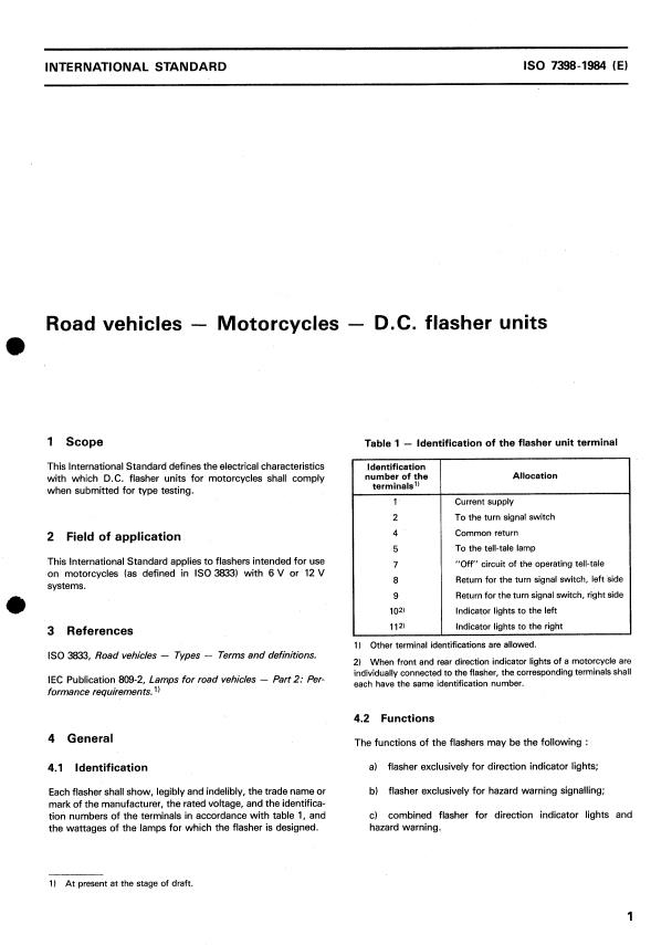 ISO 7398:1984 - Road vehicles -- Motorcycles -- D.C. flasher units