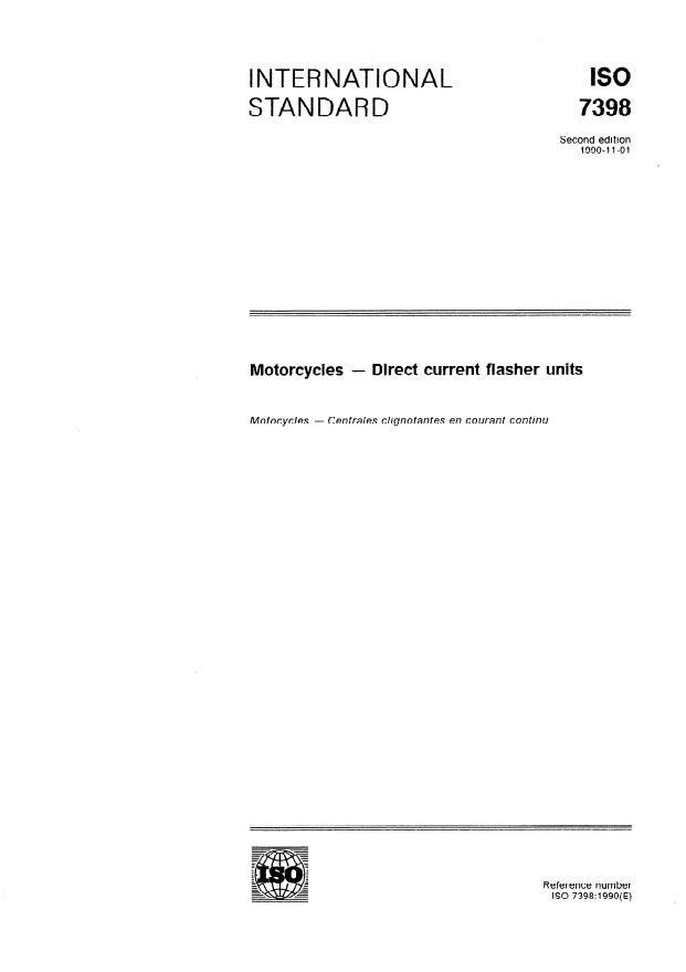 ISO 7398:1990 - Motorcycles -- Direct current flasher units