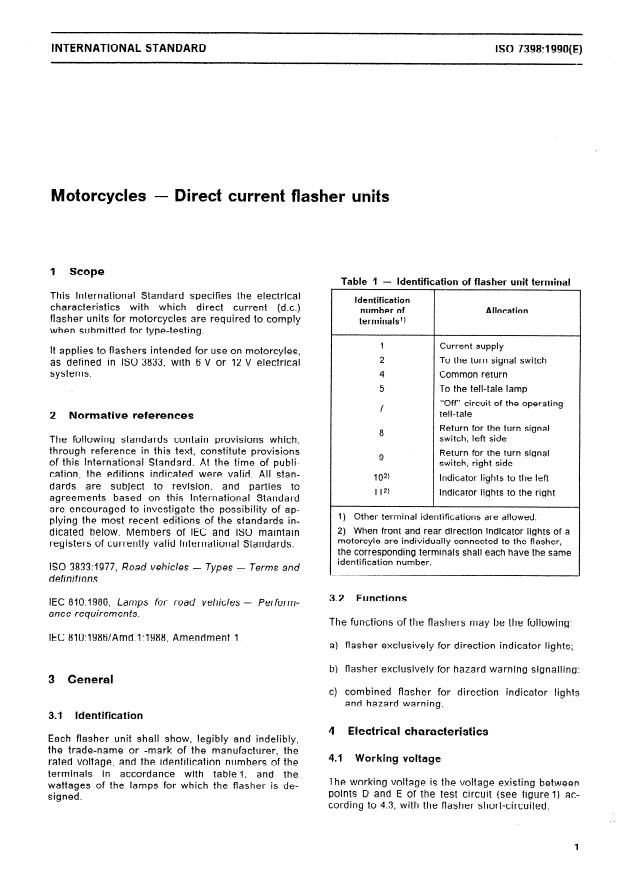 ISO 7398:1990 - Motorcycles -- Direct current flasher units