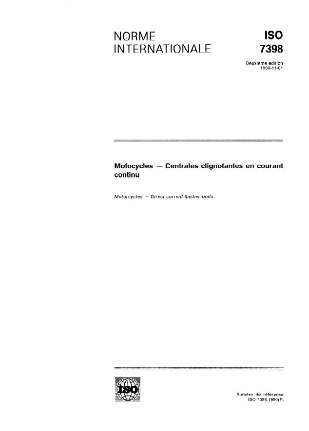 ISO 7398:1990 - Motocycles -- Centrales clignotantes en courant continu
