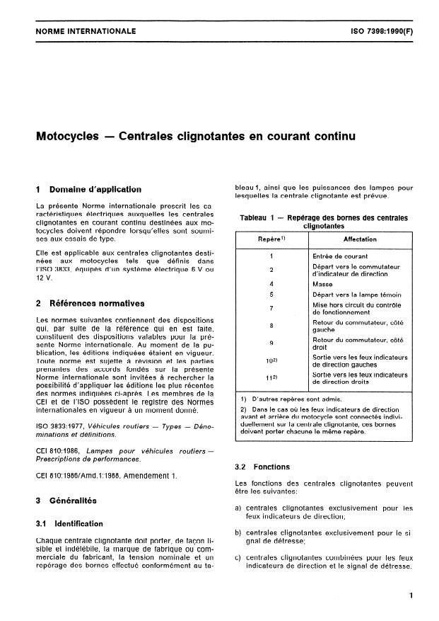 ISO 7398:1990 - Motocycles -- Centrales clignotantes en courant continu