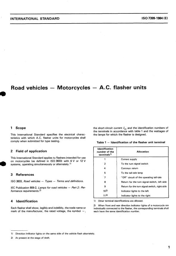ISO 7399:1984 - Road vehicles -- Motorcycles -- A.C. flasher units