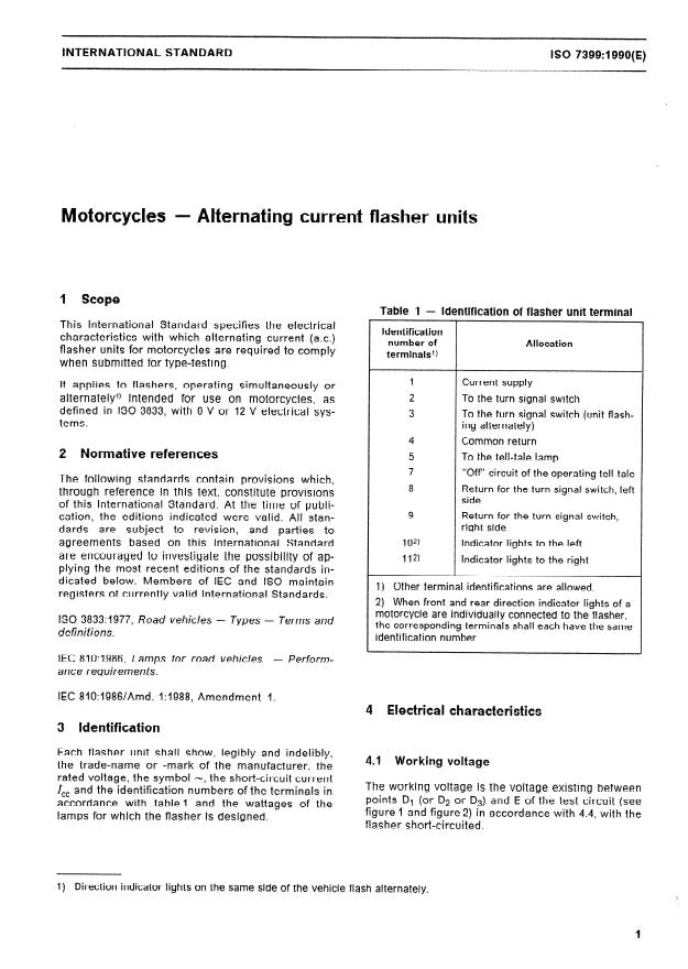 ISO 7399:1990 - Motorcycles -- Alternating current flasher units