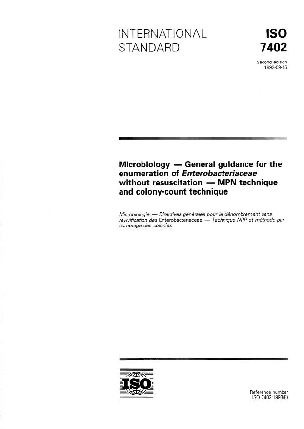 ISO 7402:1993 - Microbiology -- General guidance for the enumeration of Enterobacteriaceae without resuscitation -- MPN technique and colony-count technique