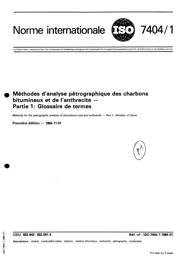 ISO 7404-1:1984 - Méthodes d'analyse pétrographique des charbons bitumineux et de l'anthracite