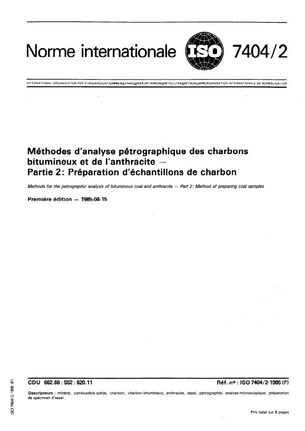 ISO 7404-2:1985 - Méthodes d'analyse pétrographique des charbons bitumineux et de l'anthracite
