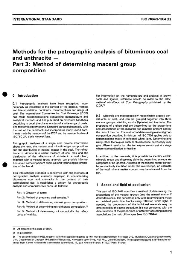 ISO 7404-3:1984 - Methods for the petrographic analysis of bituminous coal and anthracite
