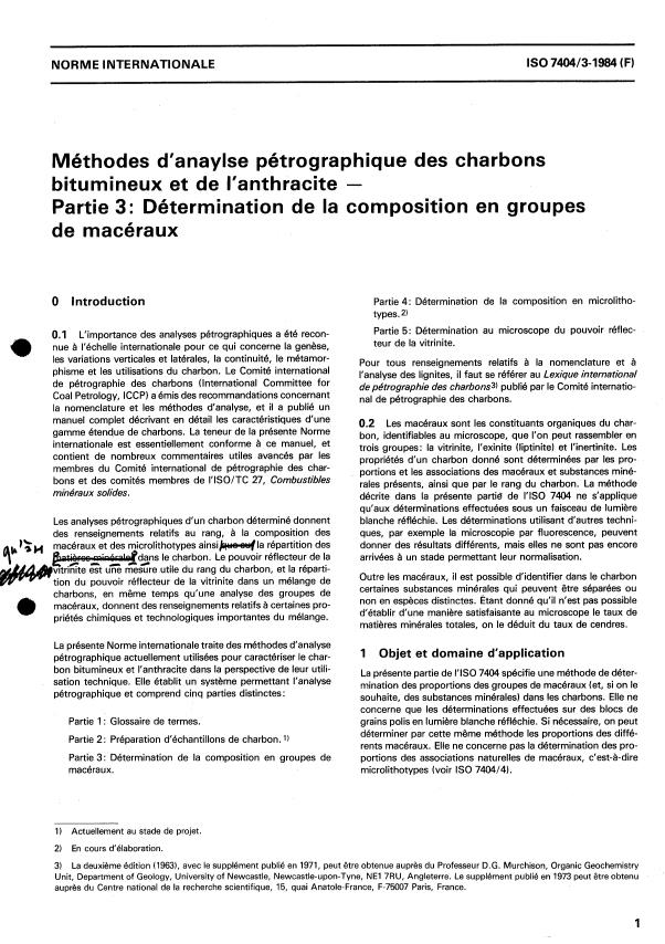 ISO 7404-3:1984 - Méthodes d'analyse pétrographique des charbons bitumineux et de l'anthracite