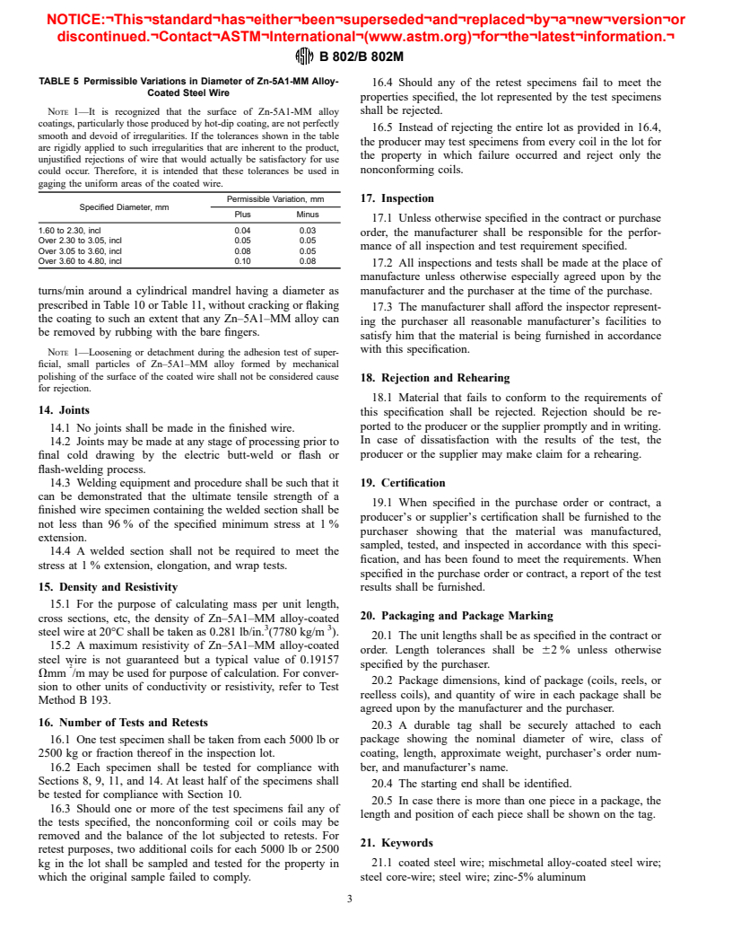 ASTM B802/B802M-98 - Standard Specification for Zinc-5% Aluminum-Mischmetal Alloy-Coated Steel Core Wire for Aluminum Conductors, Steel Reinforced (ACSR)