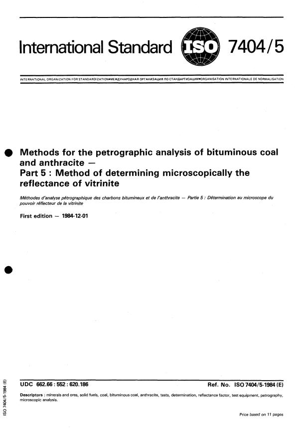 ISO 7404-5:1984 - Methods for the petrographic analysis of bituminous coal and anthracite