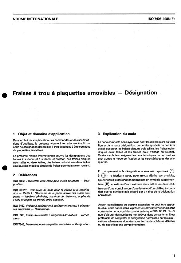 ISO 7406:1986 - Fraises a trou a plaquettes amovibles -- Désignation