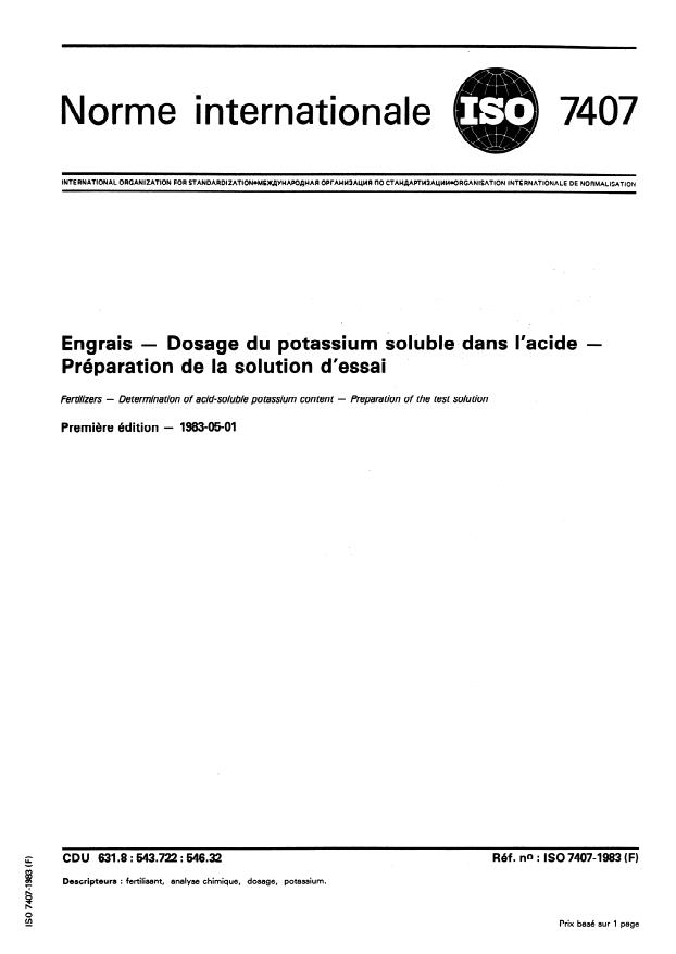 ISO 7407:1983 - Engrais -- Dosage du potassium soluble dans l'acide -- Préparation de la solution d'essai