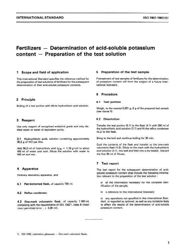 ISO 7407:1983 - Fertilizers -- Determination of acid-soluble potassium content -- Preparation of the test solution