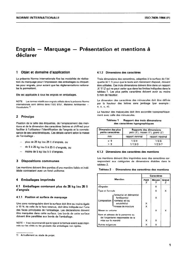 ISO 7409:1984 - Engrais -- Marquage -- Présentation et mentions a déclarer